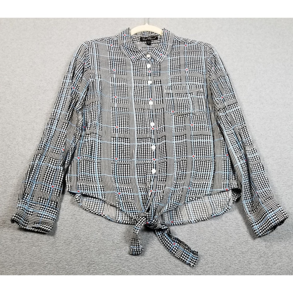 Velvet Heart Button Up Shirt Women Small S Houndstooth Heart Print Tie Front Top